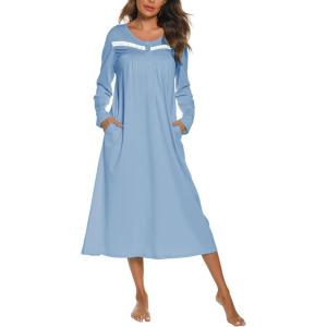 imageEkouaer Long Sleeve Nightgowns for Women Long Sleepshirts Button Night Gowns Sleepwear Full Length Sleep Dress with PocketsLight Blue