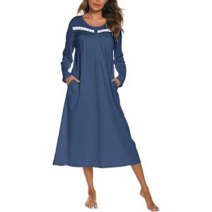 imageEkouaer Long Sleeve Nightgowns for Women Long Sleepshirts Button Night Gowns Sleepwear Full Length Sleep Dress with PocketsNavy Blue