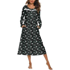 imageEkouaer Long Sleeve Nightgowns for Women Long Sleepshirts Button Night Gowns Sleepwear Full Length Sleep Dress with PocketsNavy Blue Flower