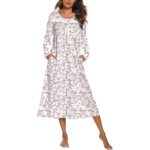 imageEkouaer Long Sleeve Nightgowns for Women Long Sleepshirts Button Night Gowns Sleepwear Full Length Sleep Dress with PocketsPink Flower