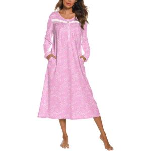 imageEkouaer Long Sleeve Nightgowns for Women Long Sleepshirts Button Night Gowns Sleepwear Full Length Sleep Dress with PocketsPink Flroal