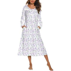 imageEkouaer Long Sleeve Nightgowns for Women Long Sleepshirts Button Night Gowns Sleepwear Full Length Sleep Dress with PocketsPurple Flower