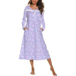 imageEkouaer Long Sleeve Nightgowns for Women Long Sleepshirts Button Night Gowns Sleepwear Full Length Sleep Dress with PocketsPurple Flroal