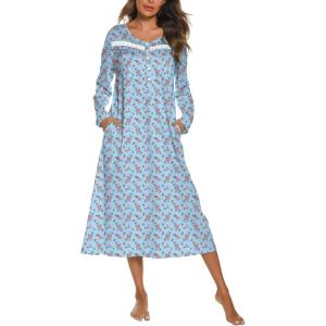 imageEkouaer Long Sleeve Nightgowns for Women Long Sleepshirts Button Night Gowns Sleepwear Full Length Sleep Dress with PocketsRed Flroal