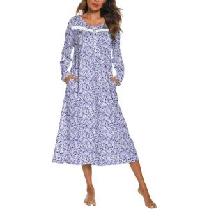 imageEkouaer Long Sleeve Nightgowns for Women Long Sleepshirts Button Night Gowns Sleepwear Full Length Sleep Dress with PocketsViolet Dot