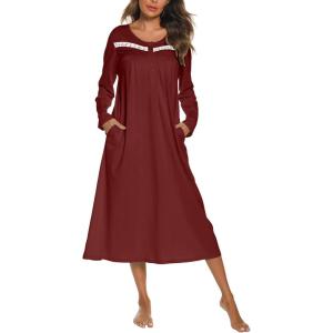 imageEkouaer Long Sleeve Nightgowns for Women Long Sleepshirts Button Night Gowns Sleepwear Full Length Sleep Dress with PocketsWine Red