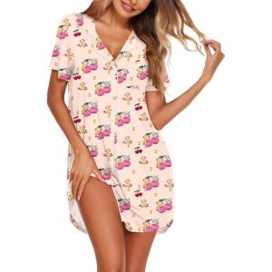 imageEkouaer Nightgowns for Women Button Down Sleepshirt Short Sleeve Nightshirt Boyfriend Pajamas V Neck Nightdress SXXXLTeddy  Cherry