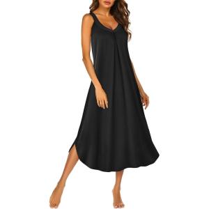 imageEkouaer Sleeveless Nightgowns for Women Long Night Gown Pleated Full Length Sleepwear Tank Sleep Dress Slit Dress S2XLBlack