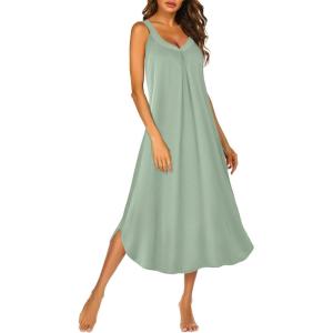 imageEkouaer Sleeveless Nightgowns for Women Long Night Gown Pleated Full Length Sleepwear Tank Sleep Dress Slit Dress S2XLLight Green