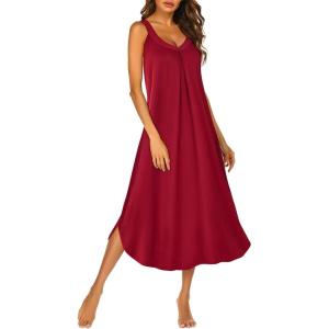 imageEkouaer Sleeveless Nightgowns for Women Long Night Gown Pleated Full Length Sleepwear Tank Sleep Dress Slit Dress S2XLWine Red