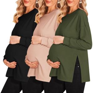 imageEkouaer Womens 3 Packs Maternity Shirts Long Sleeve Side Ruched Pregnancy Tee Workout Top Tunic Blouse Mama Clothes3pcs Black  Army Green  Dirty Pink