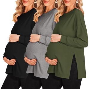 imageEkouaer Womens 3 Packs Maternity Shirts Long Sleeve Side Ruched Pregnancy Tee Workout Top Tunic Blouse Mama Clothes3pcs Black  Army Green  Grey