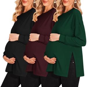 imageEkouaer Womens 3 Packs Maternity Shirts Long Sleeve Side Ruched Pregnancy Tee Workout Top Tunic Blouse Mama Clothes3pcs Black  Burgundy Red  Green