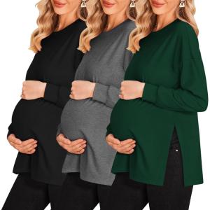 imageEkouaer Womens 3 Packs Maternity Shirts Long Sleeve Side Ruched Pregnancy Tee Workout Top Tunic Blouse Mama Clothes3pcs Black  Dark Grey  Green