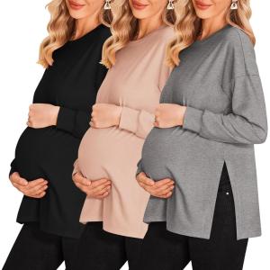 imageEkouaer Womens 3 Packs Maternity Shirts Long Sleeve Side Ruched Pregnancy Tee Workout Top Tunic Blouse Mama Clothes3pcs Black  Dirty Pink  Grey