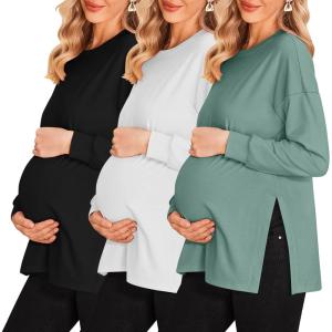 imageEkouaer Womens 3 Packs Maternity Shirts Long Sleeve Side Ruched Pregnancy Tee Workout Top Tunic Blouse Mama Clothes3pcs Black  White  Sage Green