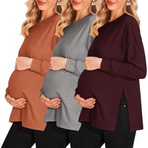 imageEkouaer Womens 3 Packs Maternity Shirts Long Sleeve Side Ruched Pregnancy Tee Workout Top Tunic Blouse Mama Clothes3pcs Burgundy Red  Caramel  Dark Grey