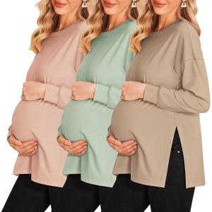 imageEkouaer Womens 3 Packs Maternity Shirts Long Sleeve Side Ruched Pregnancy Tee Workout Top Tunic Blouse Mama Clothes3pcs Dirty Pink  Khaki  Mintgreen