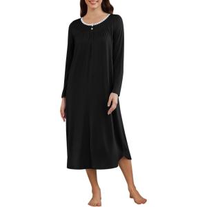 imageEkouaer Womens Long Sleeve Nightgown Long Sleepshirt Henley Nightgowns Full Length Sleep Dress with Pockets S3XLBlack