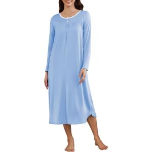 imageEkouaer Womens Long Sleeve Nightgown Long Sleepshirt Henley Nightgowns Full Length Sleep Dress with Pockets S3XLBlue