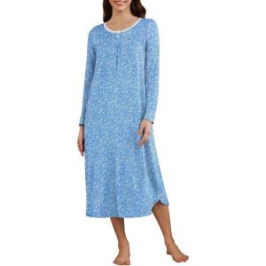 imageEkouaer Womens Long Sleeve Nightgown Long Sleepshirt Henley Nightgowns Full Length Sleep Dress with Pockets S3XLBlue Flower