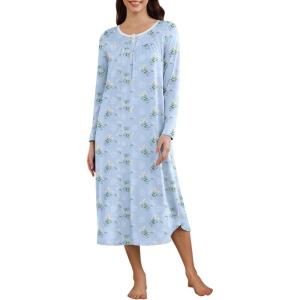 imageEkouaer Womens Long Sleeve Nightgown Long Sleepshirt Henley Nightgowns Full Length Sleep Dress with Pockets S3XLLight Blue Floral