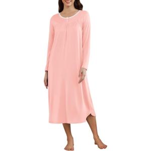 imageEkouaer Womens Long Sleeve Nightgown Long Sleepshirt Henley Nightgowns Full Length Sleep Dress with Pockets S3XLLight Pink