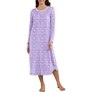 imageEkouaer Womens Long Sleeve Nightgown Long Sleepshirt Henley Nightgowns Full Length Sleep Dress with Pockets S3XLPurple Flower