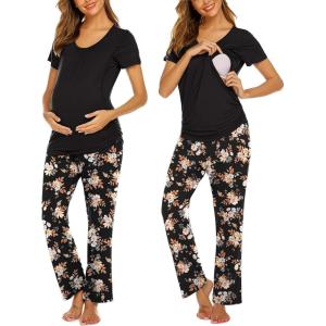 imageEkouaer Womens Nursing Pajamas Maternity Breastfeeding Pjs Sleepwear Layer Soft Postpartum Lounge Set Pregnancy ClothesB Floral Black