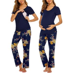 imageEkouaer Womens Nursing Pajamas Maternity Breastfeeding Pjs Sleepwear Layer Soft Postpartum Lounge Set Pregnancy ClothesFloral Navy Blue