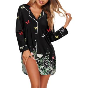 imageEkouaer Womens Nightgown Long Sleeve Nightshirt Button Down Sleepshirt Boyfriend Sleepwear Pajama Dress SXXLButterfly
