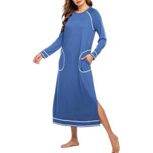 imageEkouaer Womens Nightshirt Long Sleeve Nightgown Round Neck Sleepwear Full Length Pajama Dress with Pockets Loungewear SXXLAblue