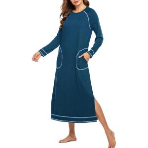 imageEkouaer Womens Nightshirt Long Sleeve Nightgown Round Neck Sleepwear Full Length Pajama Dress with Pockets Loungewear SXXLAdark Blue