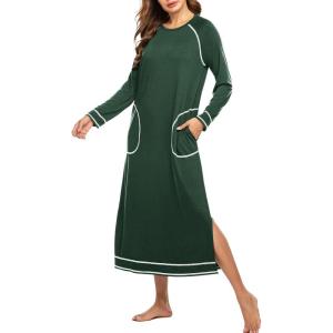 imageEkouaer Womens Nightshirt Long Sleeve Nightgown Round Neck Sleepwear Full Length Pajama Dress with Pockets Loungewear SXXLAdark Green