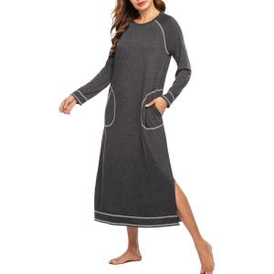 imageEkouaer Womens Nightshirt Long Sleeve Nightgown Round Neck Sleepwear Full Length Pajama Dress with Pockets Loungewear SXXLAdark Grey