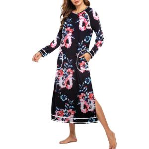 imageEkouaer Womens Nightshirt Long Sleeve Nightgown Round Neck Sleepwear Full Length Pajama Dress with Pockets Loungewear SXXLAfloral Black