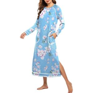 imageEkouaer Womens Nightshirt Long Sleeve Nightgown Round Neck Sleepwear Full Length Pajama Dress with Pockets Loungewear SXXLAfloral Light Blue