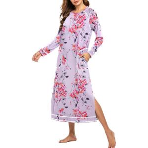 imageEkouaer Womens Nightshirt Long Sleeve Nightgown Round Neck Sleepwear Full Length Pajama Dress with Pockets Loungewear SXXLAfloral Lilac