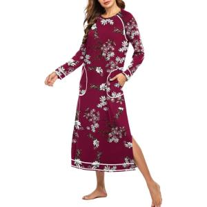 imageEkouaer Womens Nightshirt Long Sleeve Nightgown Round Neck Sleepwear Full Length Pajama Dress with Pockets Loungewear SXXLAfloral Red