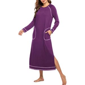 imageEkouaer Womens Nightshirt Long Sleeve Nightgown Round Neck Sleepwear Full Length Pajama Dress with Pockets Loungewear SXXLAfuchsia