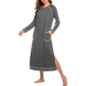 imageEkouaer Womens Nightshirt Long Sleeve Nightgown Round Neck Sleepwear Full Length Pajama Dress with Pockets Loungewear SXXLAgrey