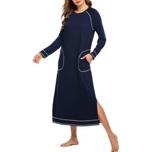 imageEkouaer Womens Nightshirt Long Sleeve Nightgown Round Neck Sleepwear Full Length Pajama Dress with Pockets Loungewear SXXLAnavy Blue