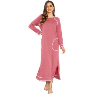 imageEkouaer Womens Nightshirt Long Sleeve Nightgown Round Neck Sleepwear Full Length Pajama Dress with Pockets Loungewear SXXLApink