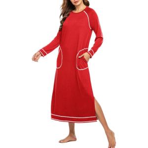imageEkouaer Womens Nightshirt Long Sleeve Nightgown Round Neck Sleepwear Full Length Pajama Dress with Pockets Loungewear SXXLAred