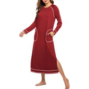 imageEkouaer Womens Nightshirt Long Sleeve Nightgown Round Neck Sleepwear Full Length Pajama Dress with Pockets Loungewear SXXLAwine Red
