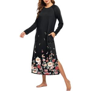 imageEkouaer Womens Nightshirt Long Sleeve Nightgown Round Neck Sleepwear Full Length Pajama Dress with Pockets Loungewear SXXLBlack Flower