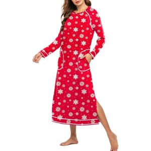 imageEkouaer Womens Nightshirt Long Sleeve Nightgown Round Neck Sleepwear Full Length Pajama Dress with Pockets Loungewear SXXLChristmas Snowflake
