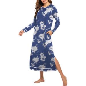 imageEkouaer Womens Nightshirt Long Sleeve Nightgown Round Neck Sleepwear Full Length Pajama Dress with Pockets Loungewear SXXLPat5