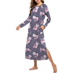 imageEkouaer Womens Nightshirt Long Sleeve Nightgown Round Neck Sleepwear Full Length Pajama Dress with Pockets Loungewear SXXLPink Flower