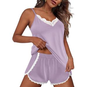 imageEkouaer Pajama Sets for Women Lingerie Sleepwear 2 Piece Cami Split Short Set V Neck Lace Summer PjsLight Pruple